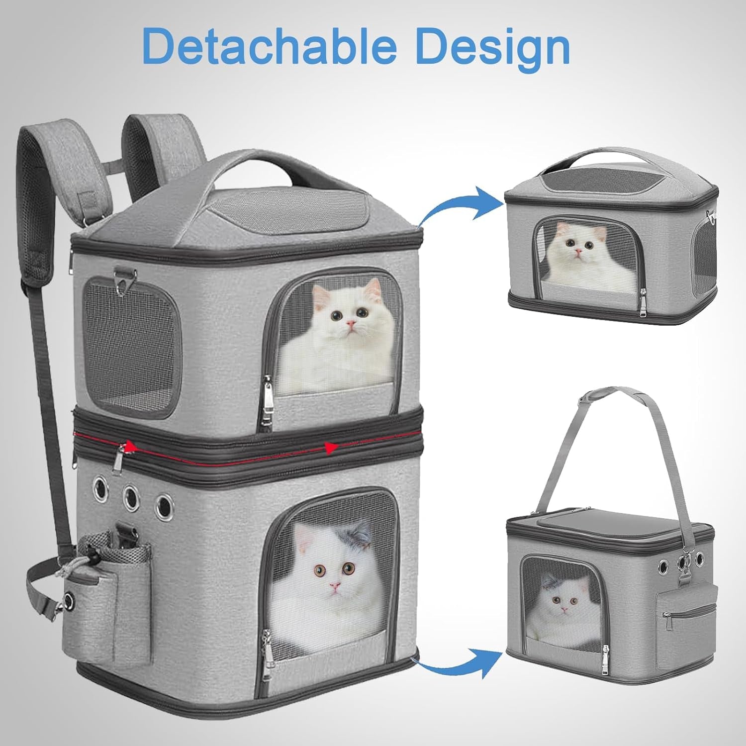 Detachable Double Pet Carrier Backpack for Small Cats and Dogs, Cat Travel Carrier for 2 Cats, Perfect for Traveling/Hiking/Camping, Grey