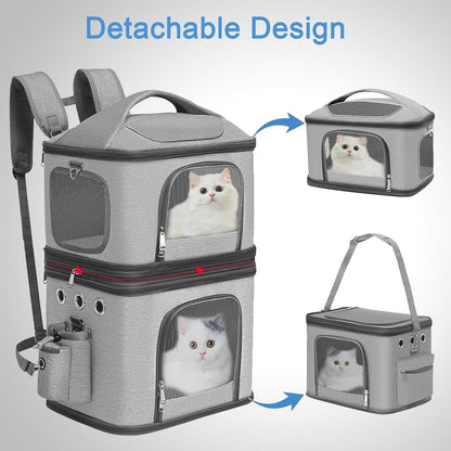 Detachable Double Pet Carrier Backpack for Small Cats and Dogs, Cat Travel Carrier for 2 Cats, Perfect for Traveling/Hiking/Camping, Grey