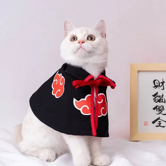 White cat wearing a black cape with red cloud symbols on a light gray background