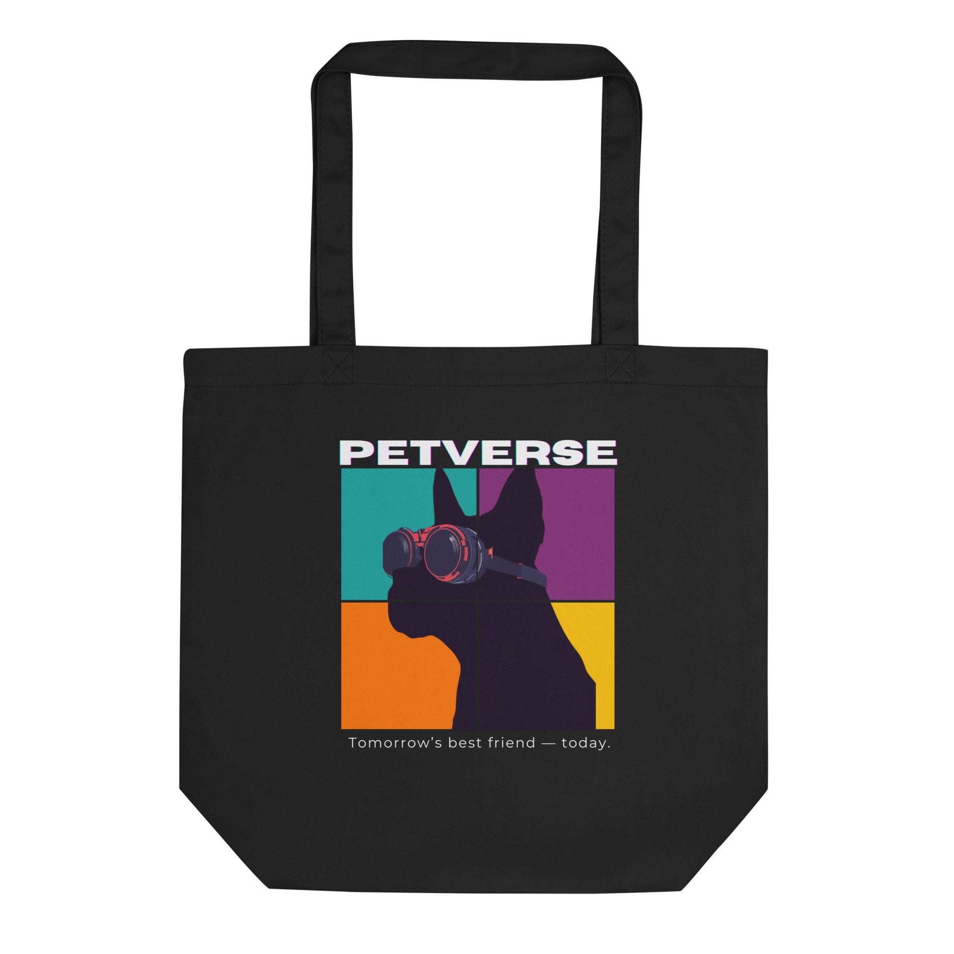 Black tote bag with colorful dog graphic and 'PETVERSE' branding on a white background