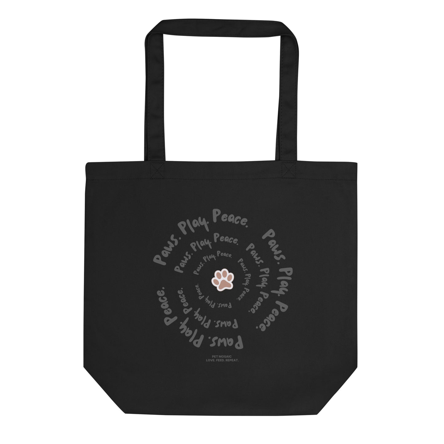 Black tote bag with paw print and text design on a white background