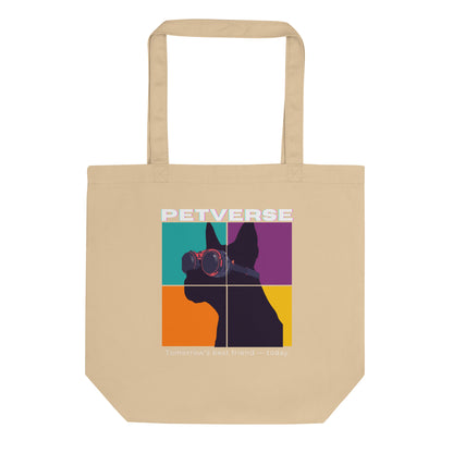 Beige tote bag with a colorful graphic of a dog and 'PETVERSE' text on a white background