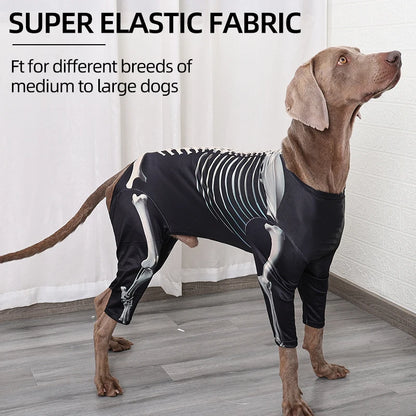 Dog wearing a black skeleton-themed outfit with text about super elastic fabric and size suitability.