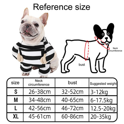 Dog size chart with a French Bulldog wearing a striped outfit and measurement guide.