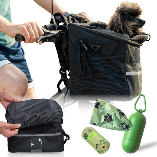 Dog Bike Basket - Front Bike Basket for Dogs and Cats with Poop Bag Dispenser - Ideal for Pets up to 10 Lbs - Safe and Comfortable Bike Dog Carrier