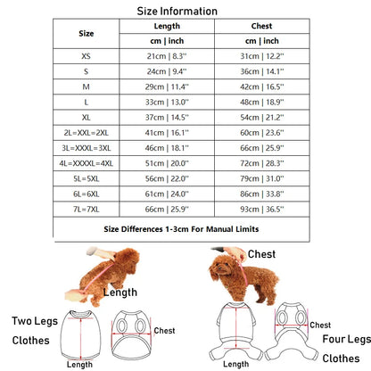 Size chart for dog clothing with measurements in centimeters and inches.