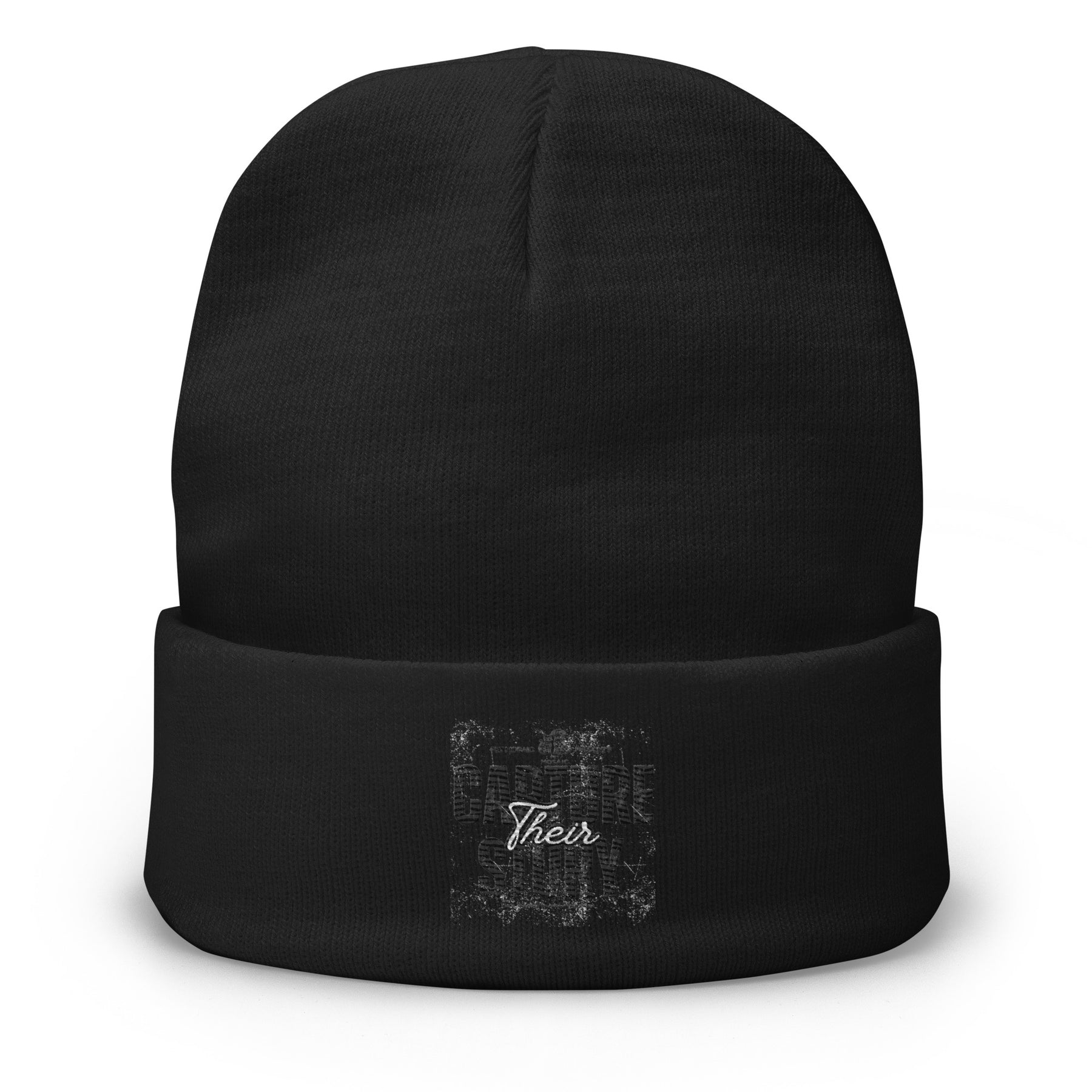 Black beanie with 'Capture Their Story' embroidery on a white background