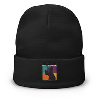 Black beanie with a colorful graphic and text on a white background