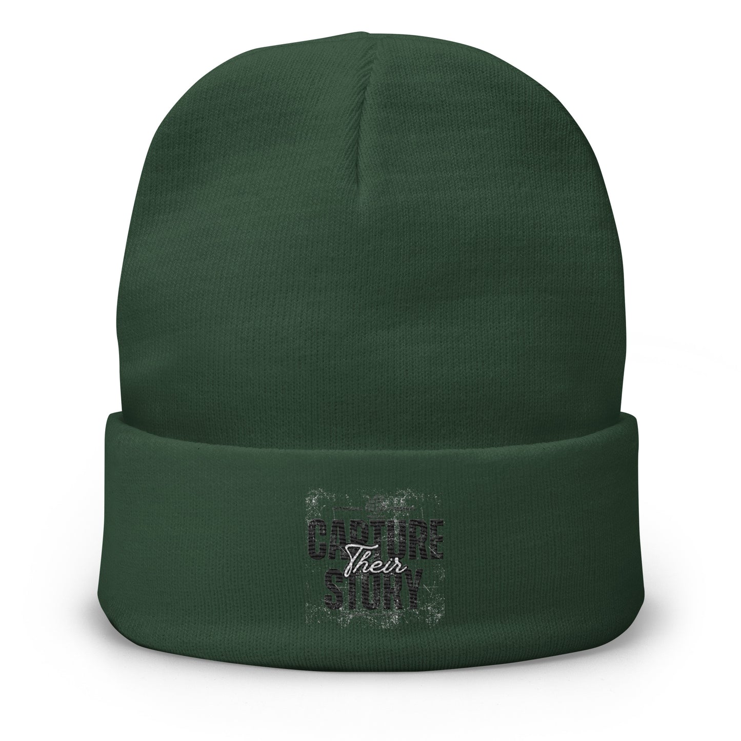 Green beanie with 'Capture Their Story' text on a white background