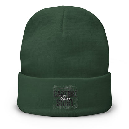 Green beanie with 'Capture Their Story' text on a white background