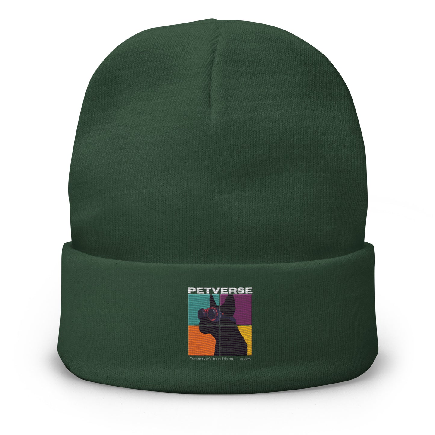 Green beanie with a colorful graphic and text on a white background
