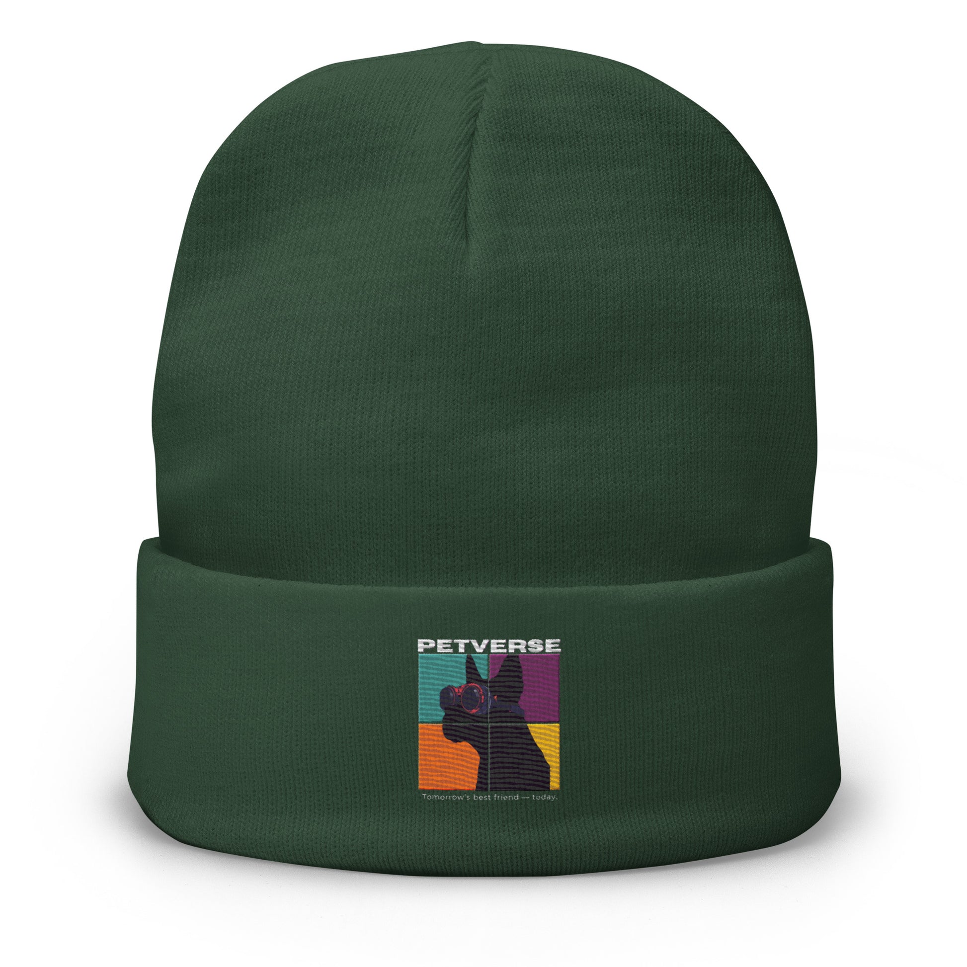 Green beanie with a colorful graphic and text on a white background