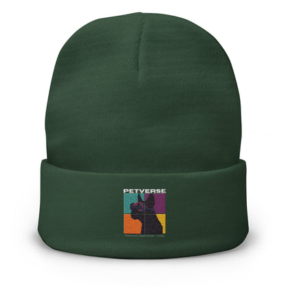 Green beanie with a colorful graphic and text on a white background