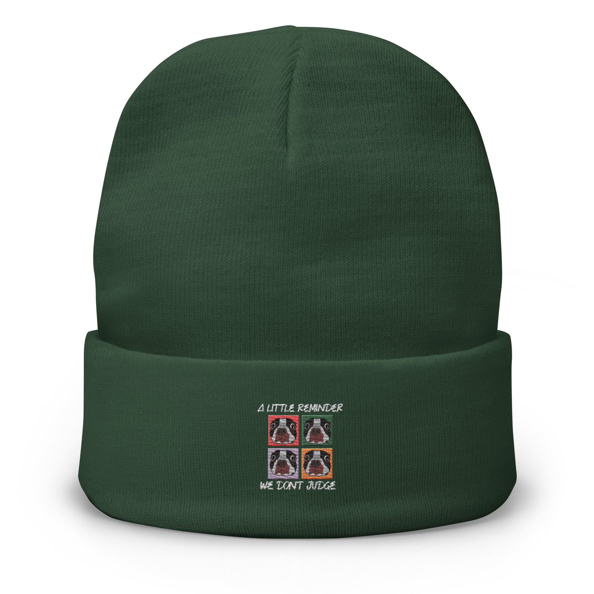 Green beanie with embroidered design on a white background