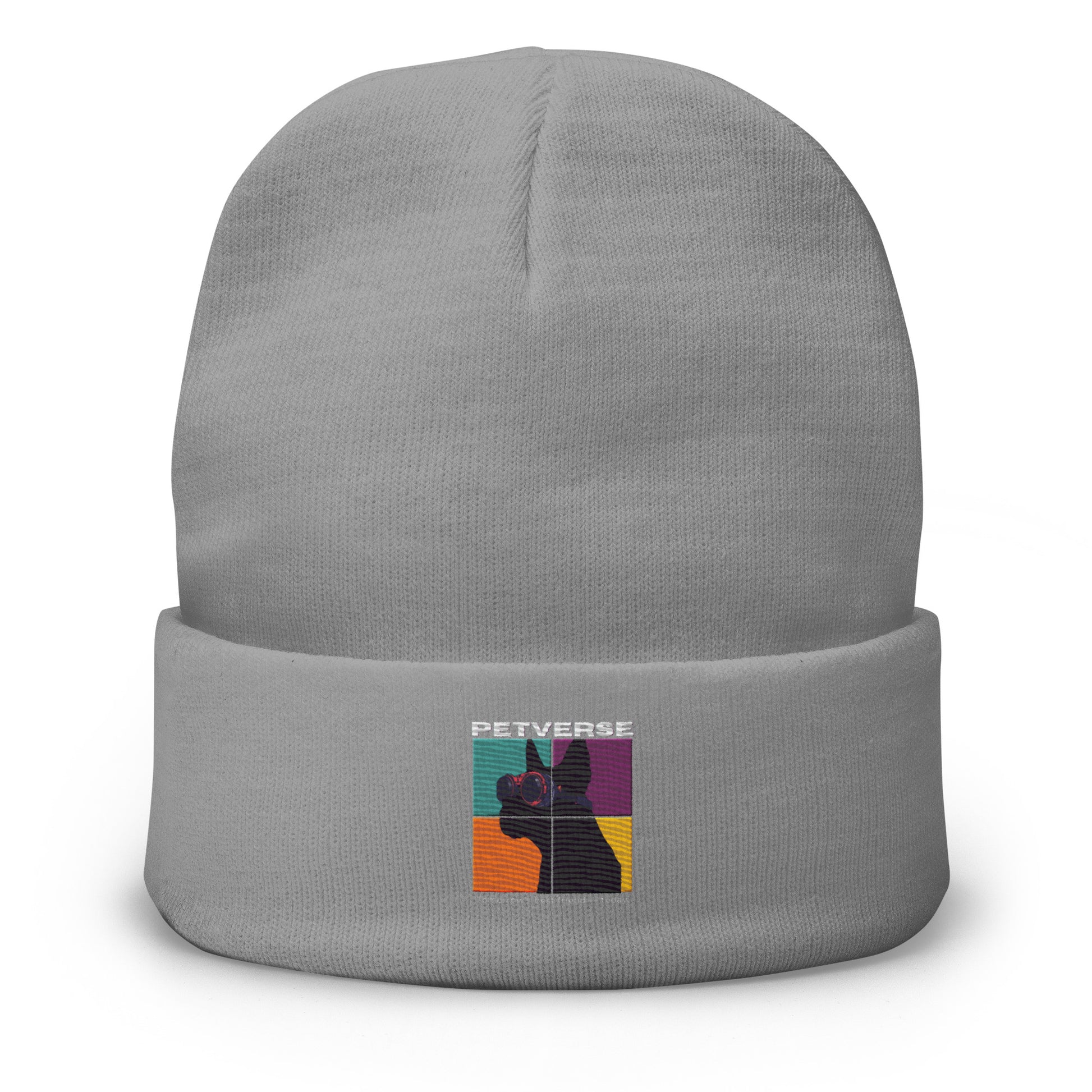 Gray beanie with a colorful graphic and text on a white background