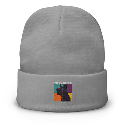 Gray beanie with a colorful graphic and text on a white background