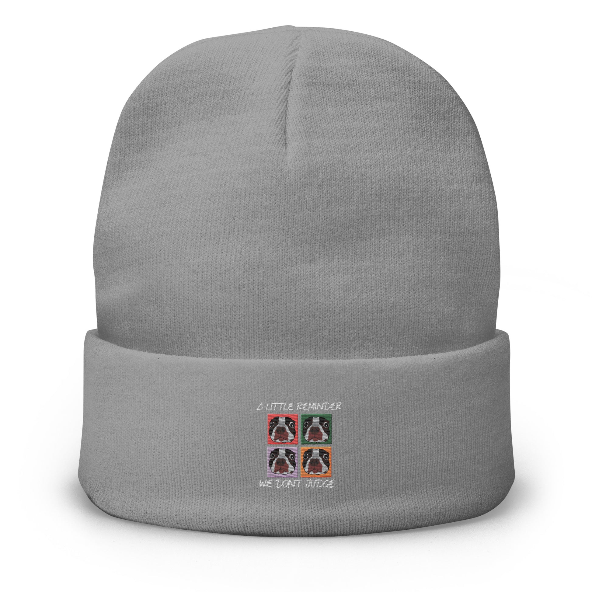 Gray beanie with embroidered design on a white background