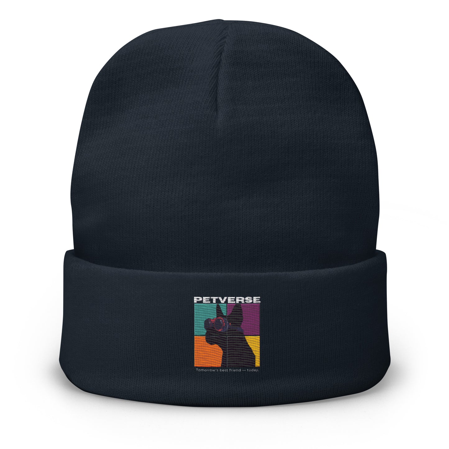 Black beanie with a colorful graphic and text on a white background
