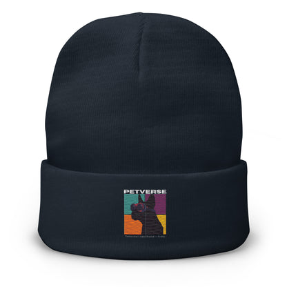 Black beanie with a colorful graphic and text on a white background