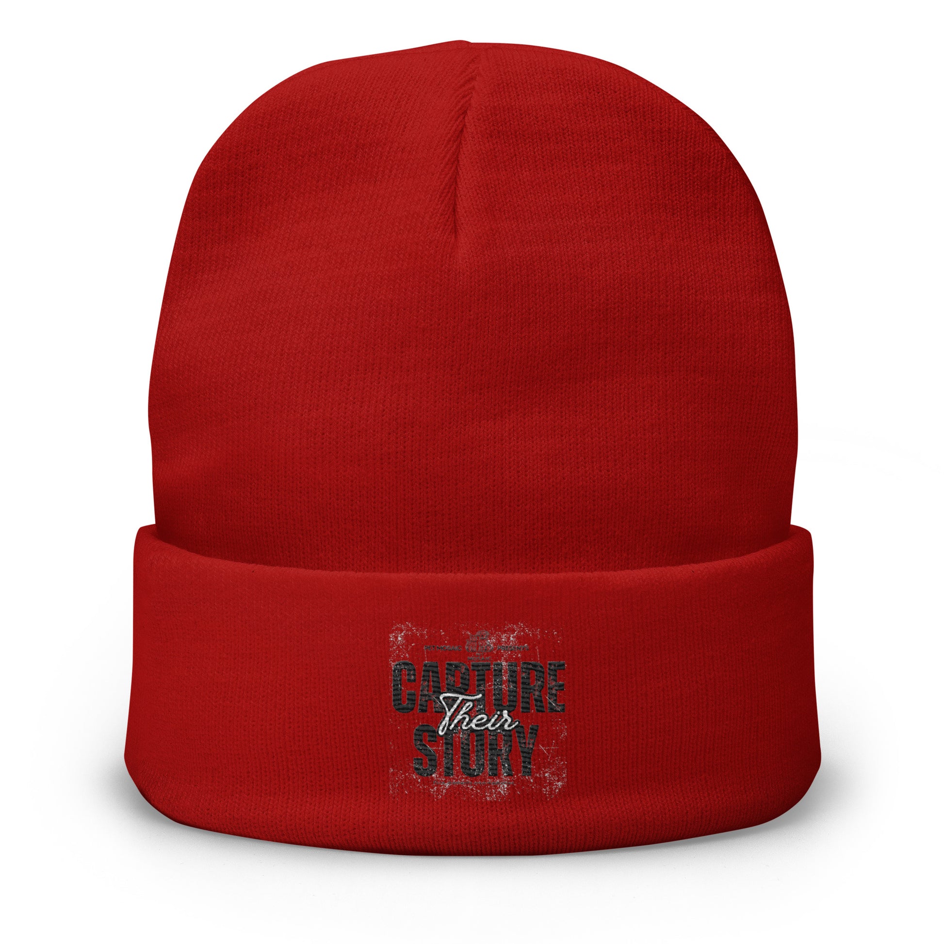 Red beanie with 'Capture Their Story' text on a white background