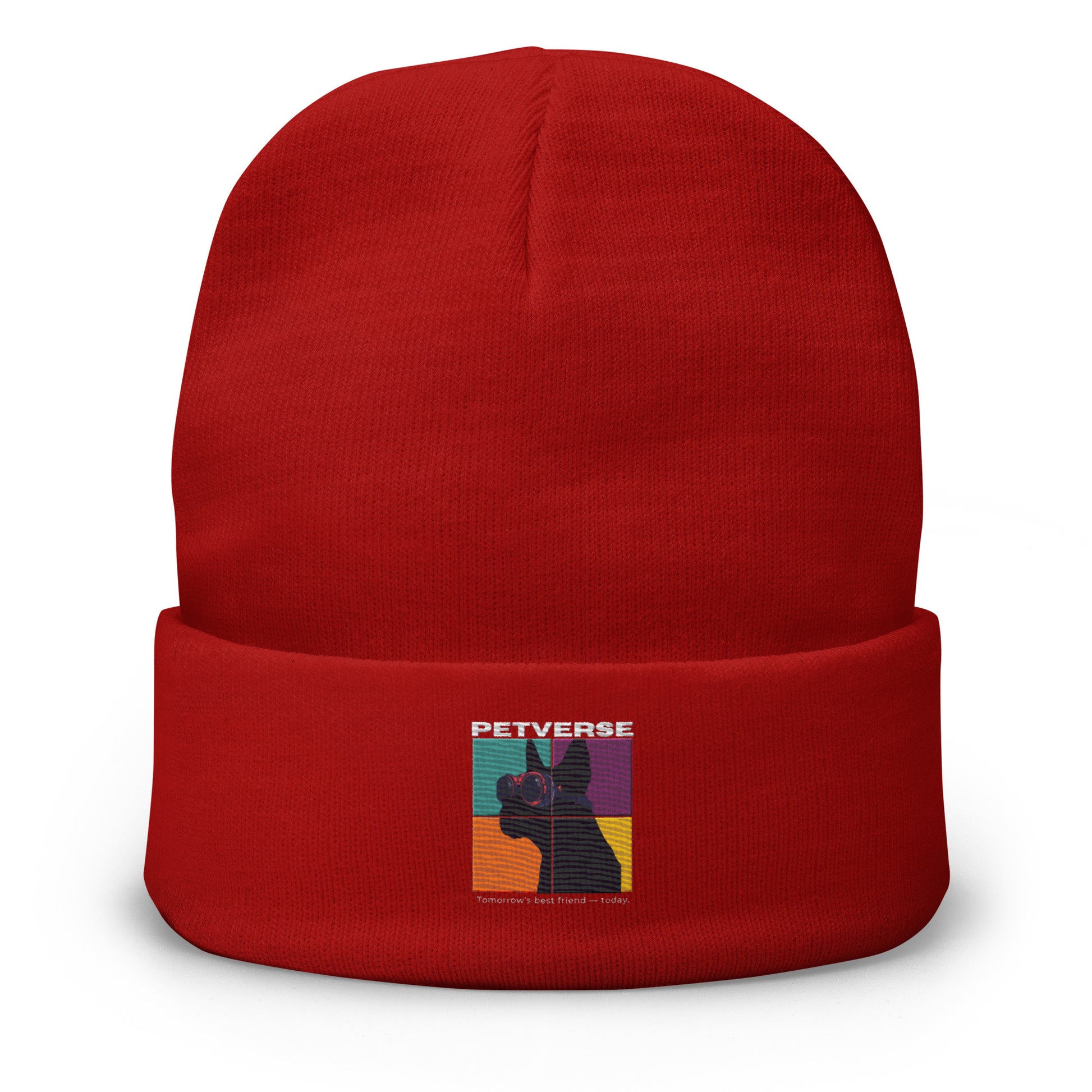 Red beanie with a colorful logo on a white background