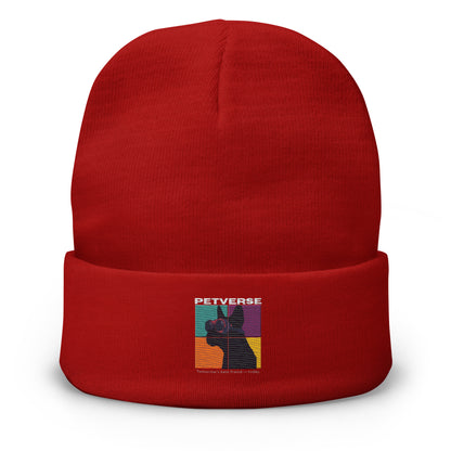 Red beanie with a colorful logo on a white background