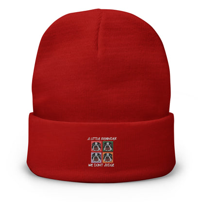 Red beanie with a small embroidered design on a white background