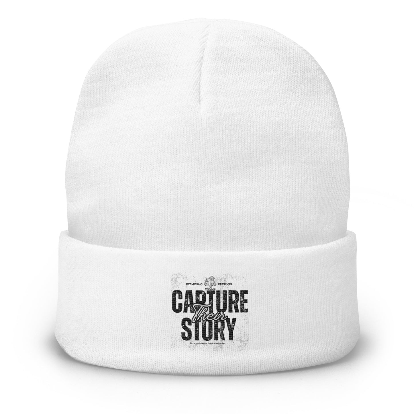 White beanie with 'Capture Their Story' text on a white background