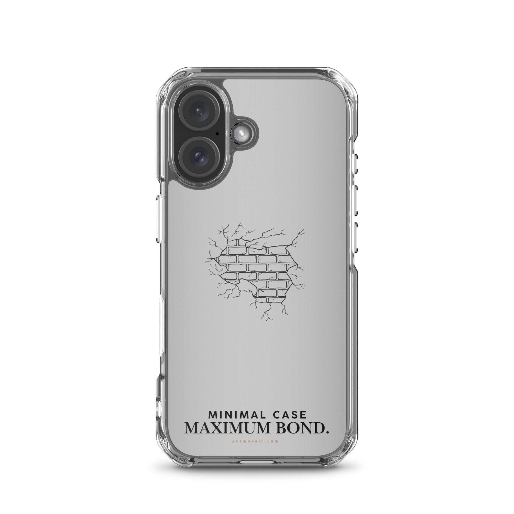 Clear phone case with a minimalistic design and 'Maximum Bond' text on a white background