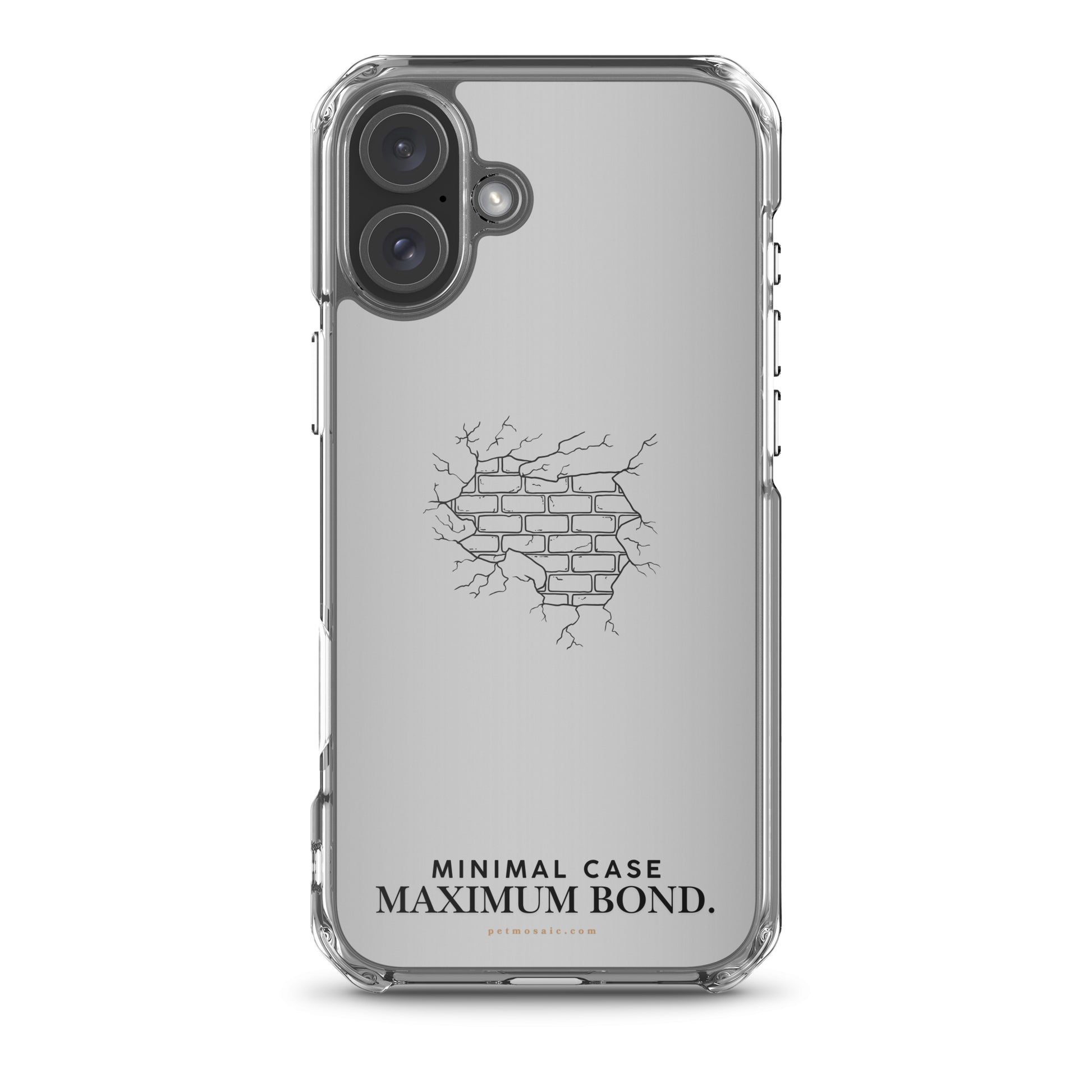 Clear phone case with a brick design and text on a white background