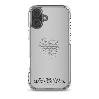 Clear phone case with a brick design and text on a white background