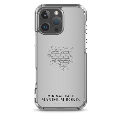 Clear phone case with a cracked brick design and text on a white background