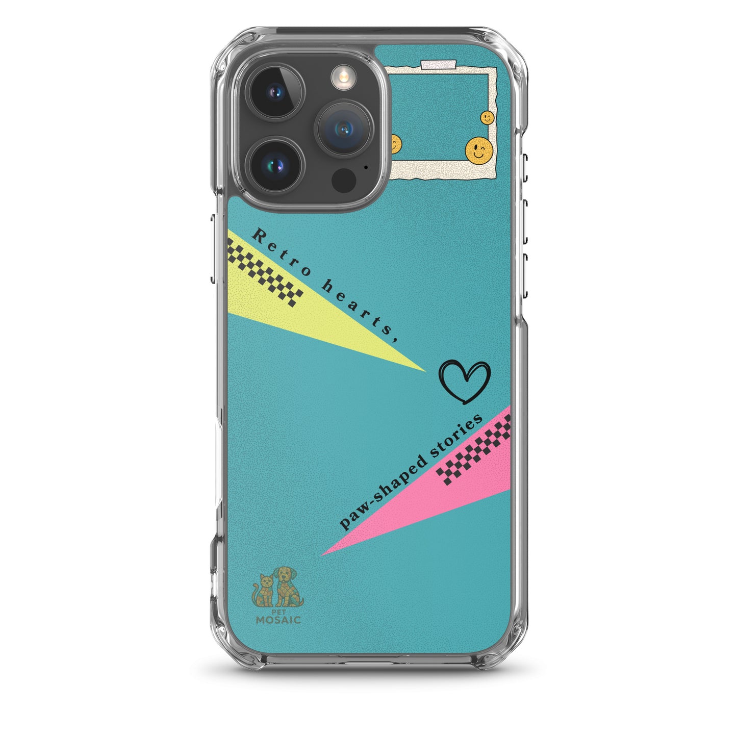 Phone case with colorful design and text on a white background