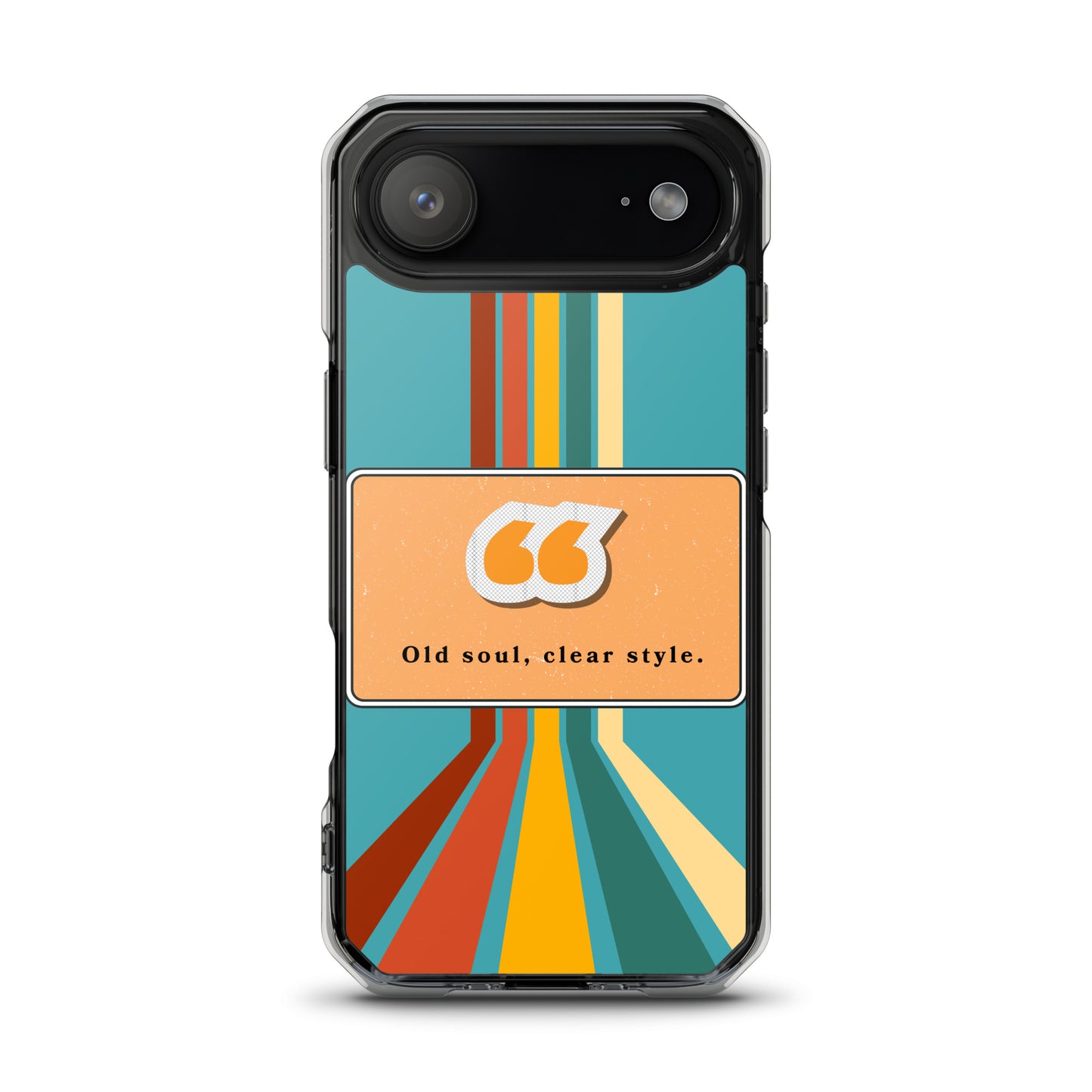 Phone case with colorful design and text on a white background