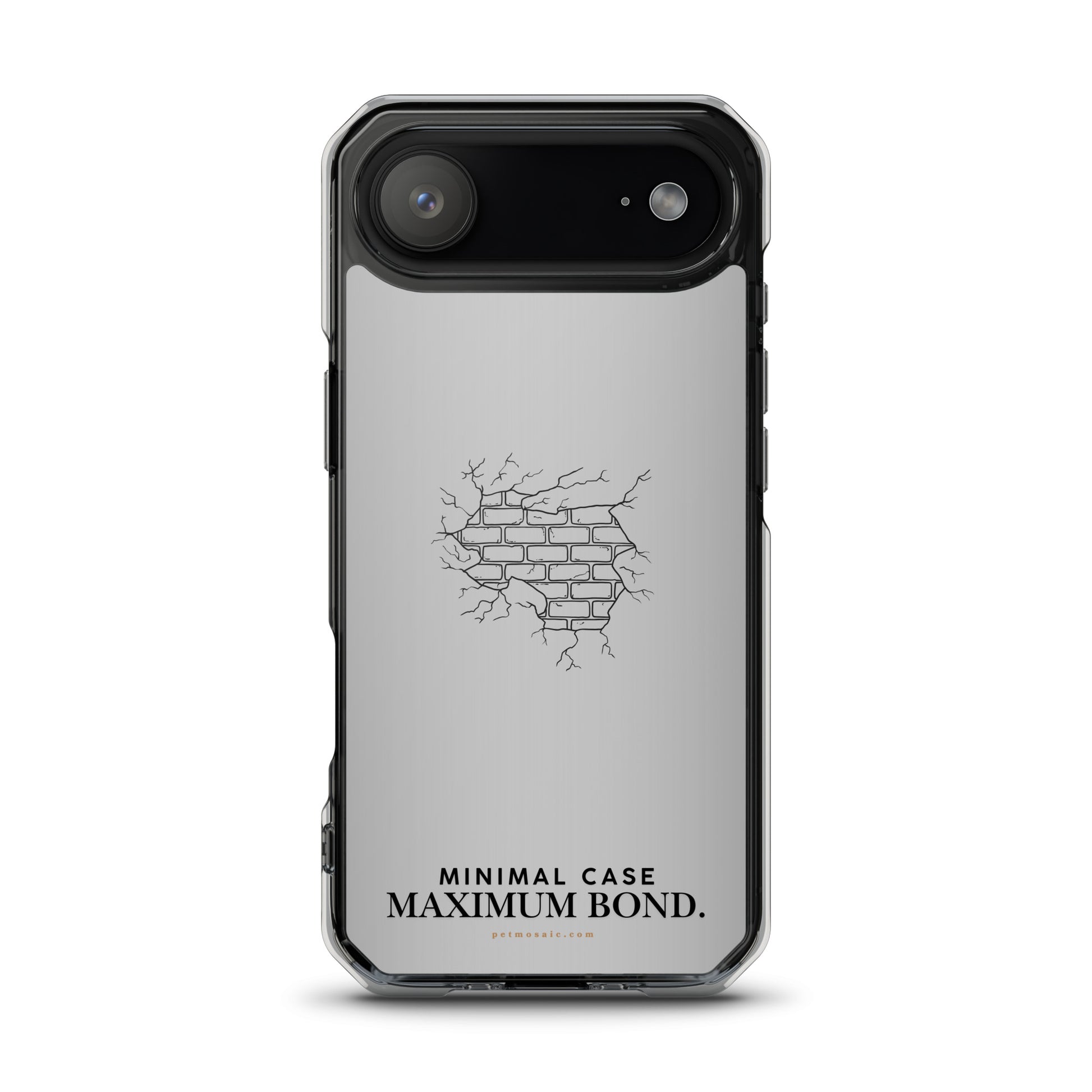 Phone case with minimalistic design and text on a white background