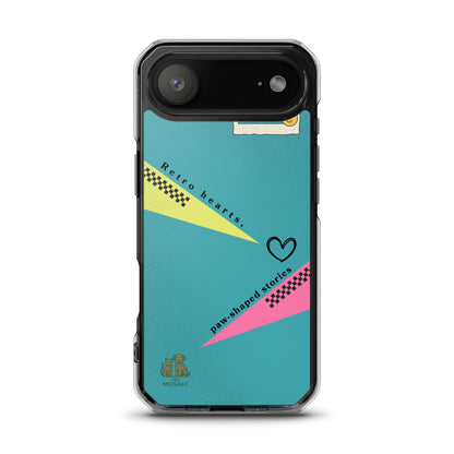 Phone case with retro heart design on a teal background