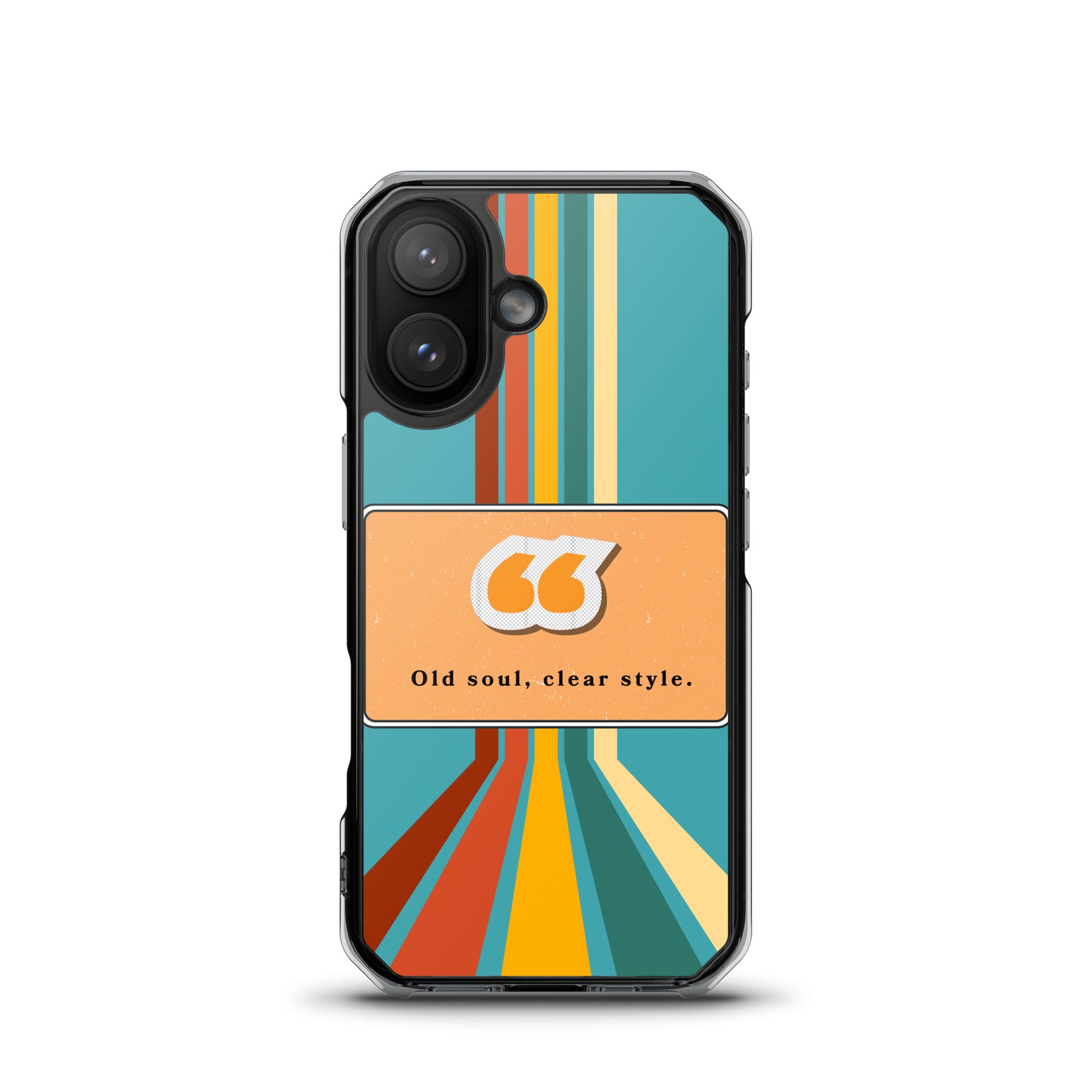 Phone case with colorful design and text on a white background