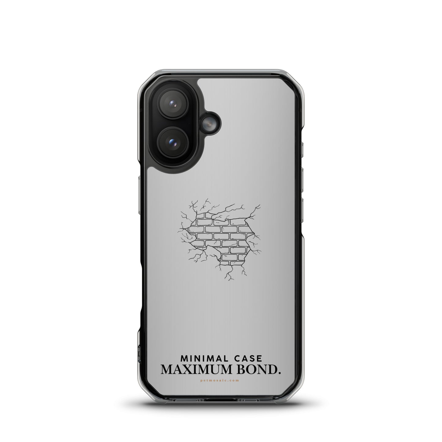 Phone case with a cracked brick design and text on a white background