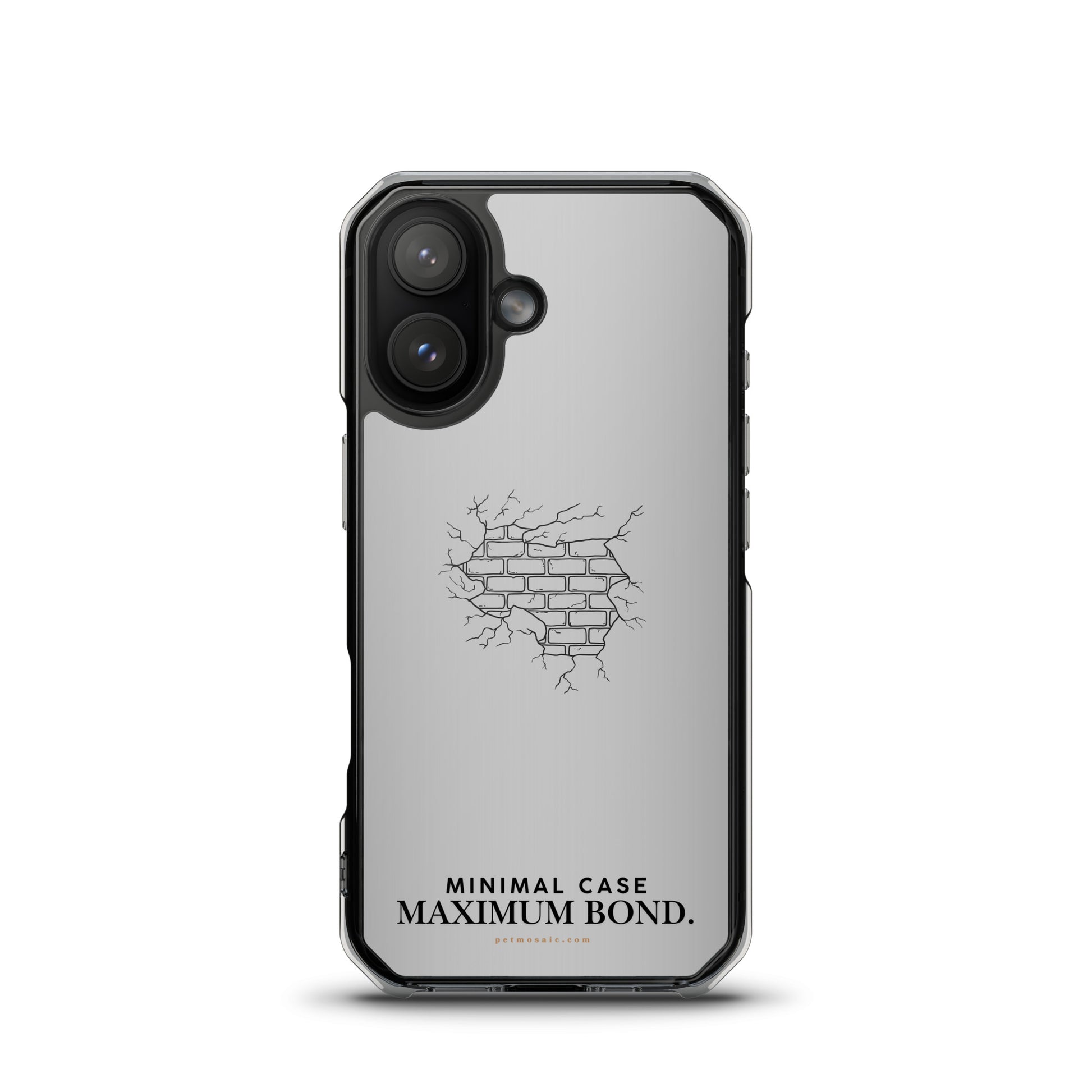 Phone case with a cracked brick design and text on a white background
