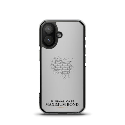 Phone case with a cracked brick design and text on a white background