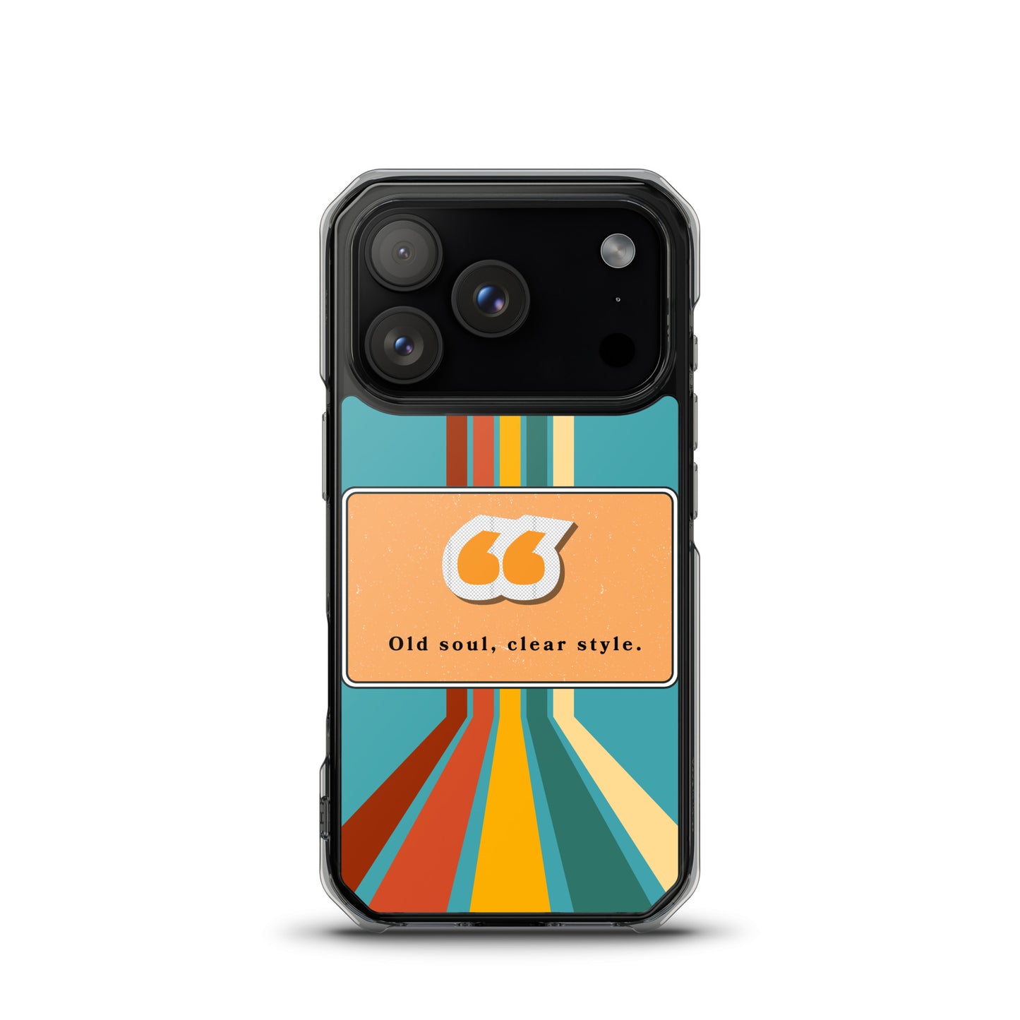 Phone case with colorful design and text on a white background