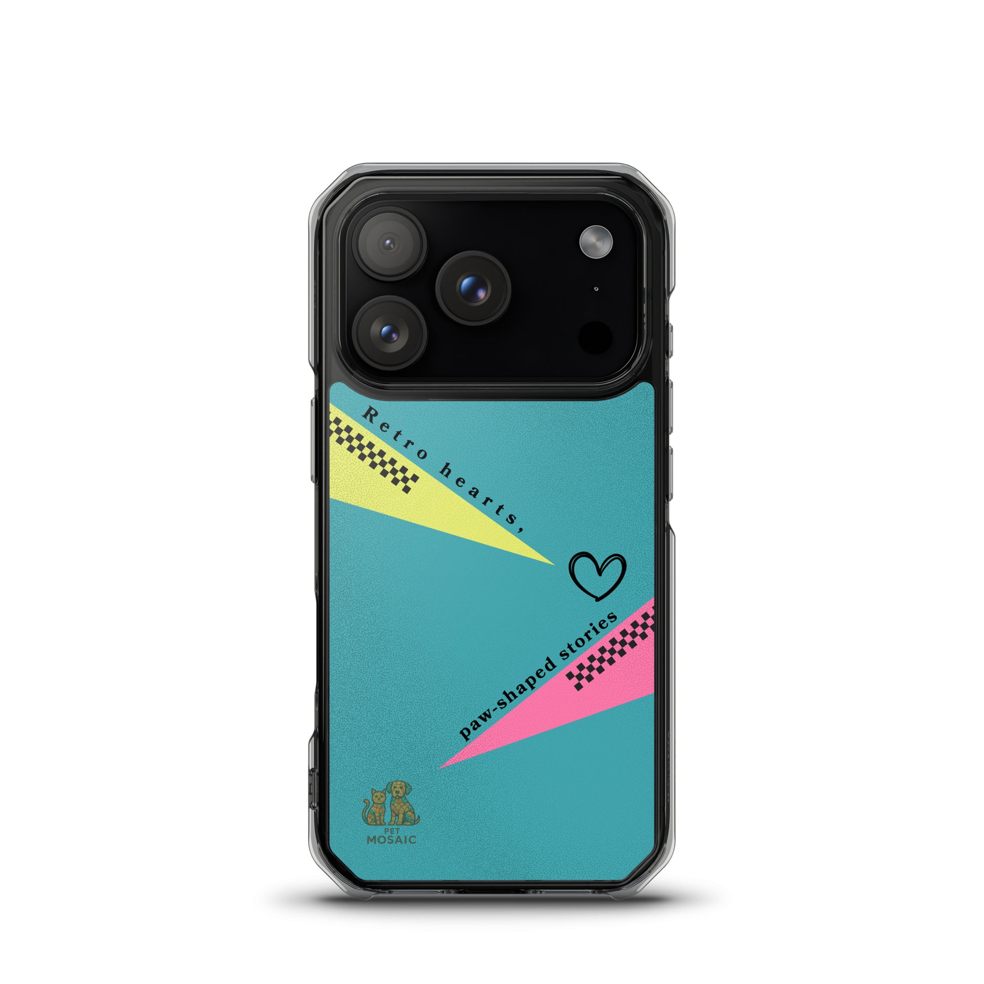 Phone case with colorful design and text on a white background
