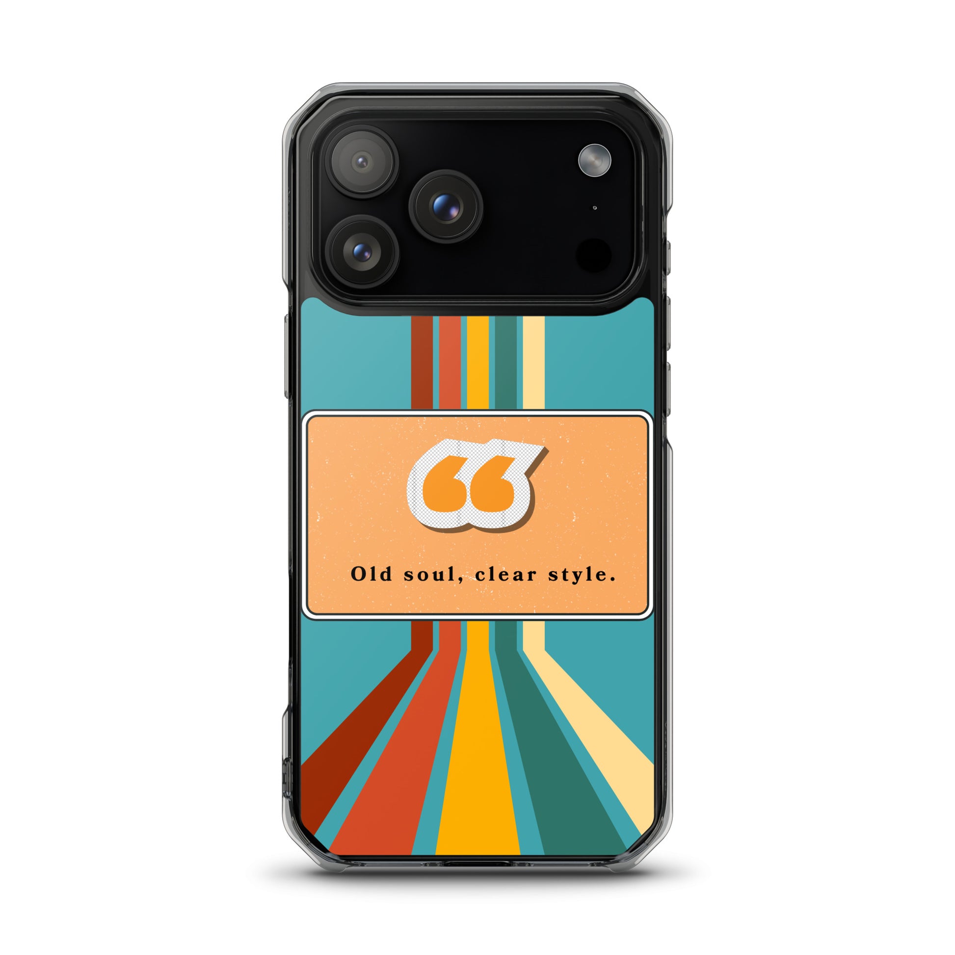 Phone case with colorful design and text on a white background