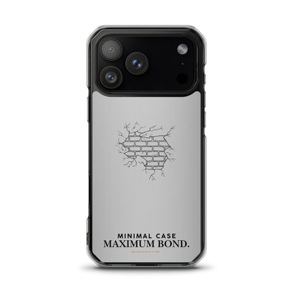 Phone case with minimal design and 'Minimal Case Maximum Bond' text on a white background