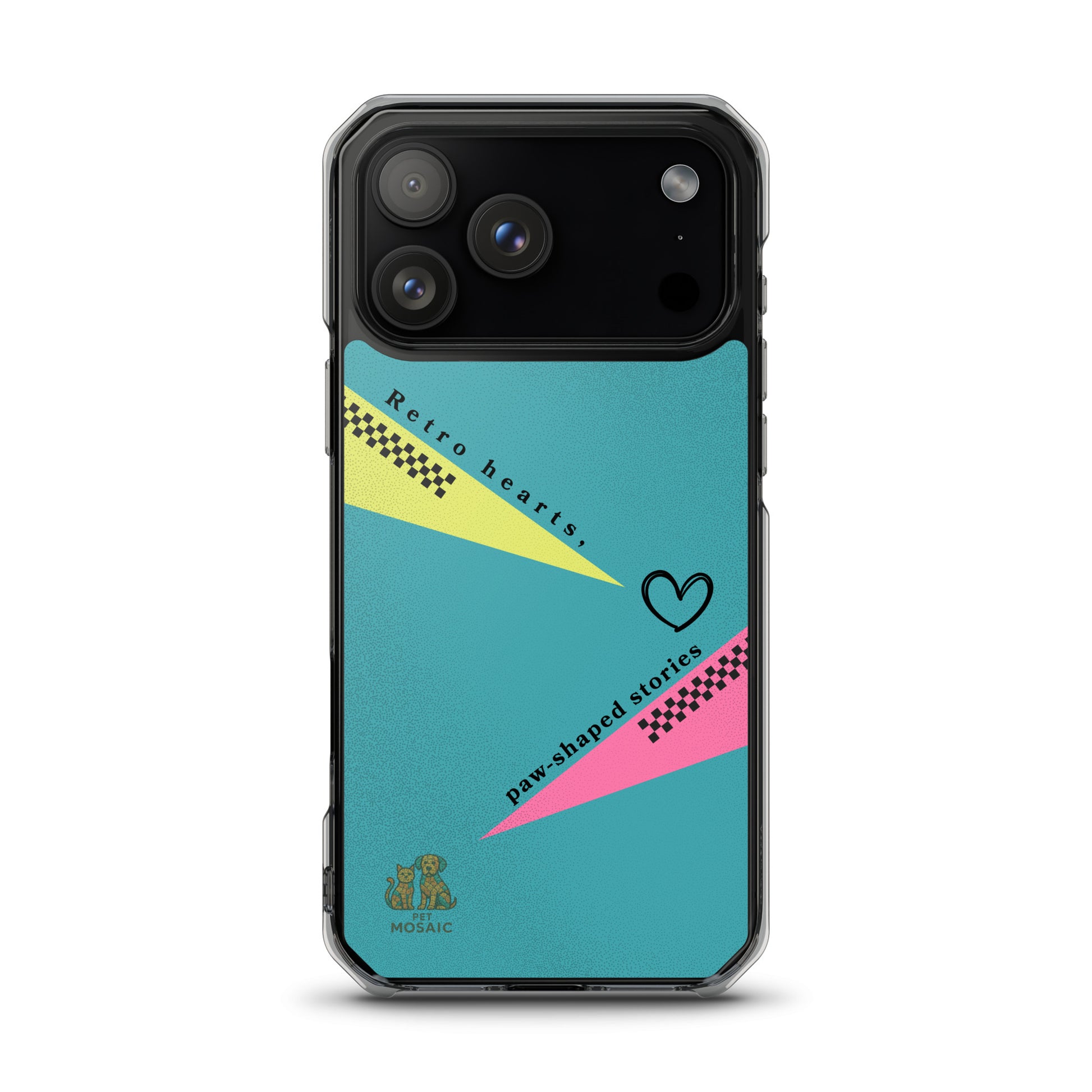 Phone case with retro heart design and text on a teal background