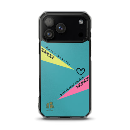 Phone case with retro heart design and text on a teal background