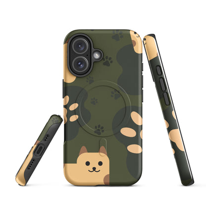 Phone case with paw print pattern and cat design on a white background