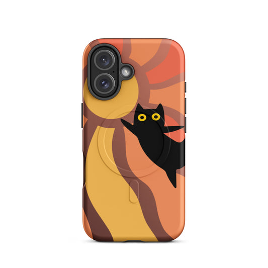 Phone case with a black cat design on an orange and brown abstract background