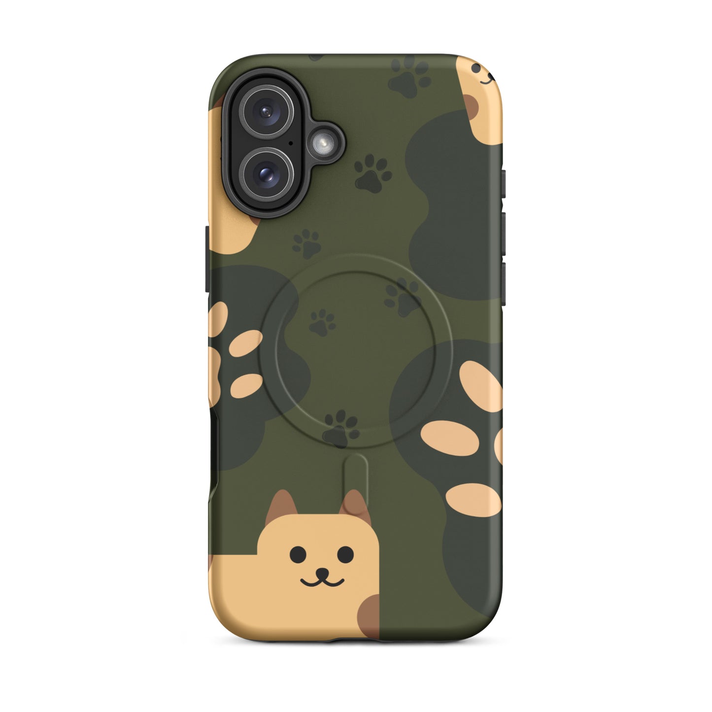 Phone case with a camouflage pattern and cartoon dog design on a white background