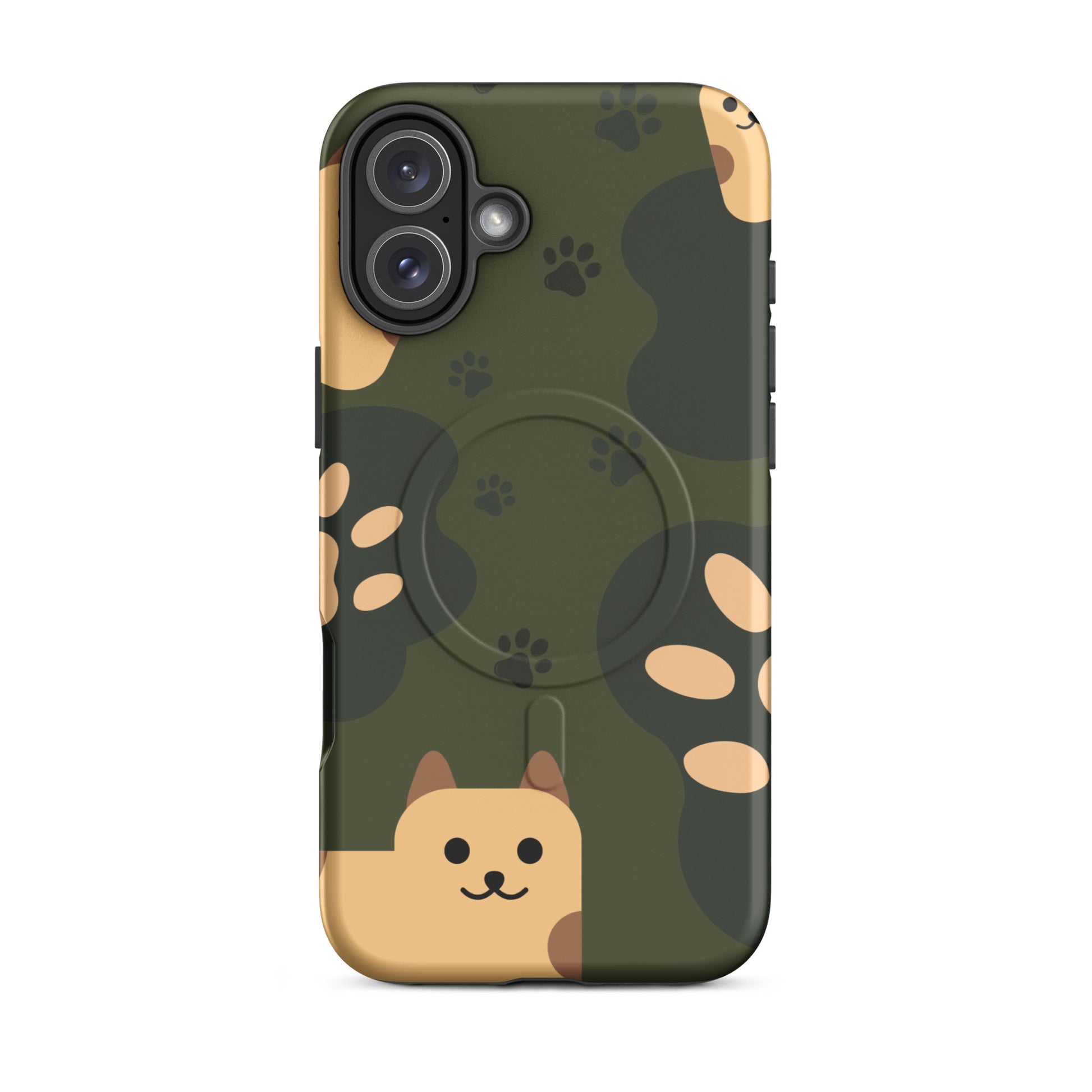 Phone case with a camouflage pattern and cartoon dog design on a white background